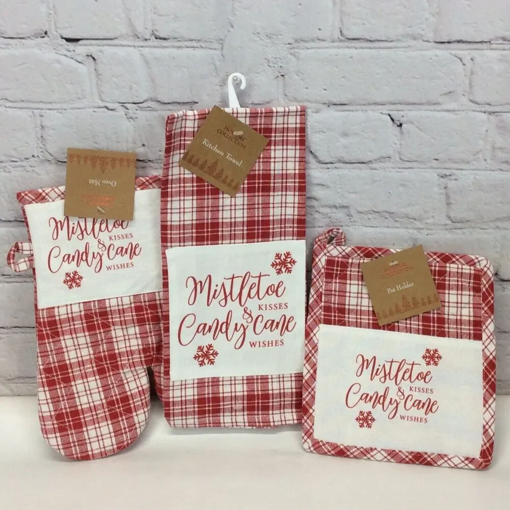 Christmas Red & White Plaid 3 Pc Kitchen Set Dish Towel/Pot Holder/Oven Mitt NWT
